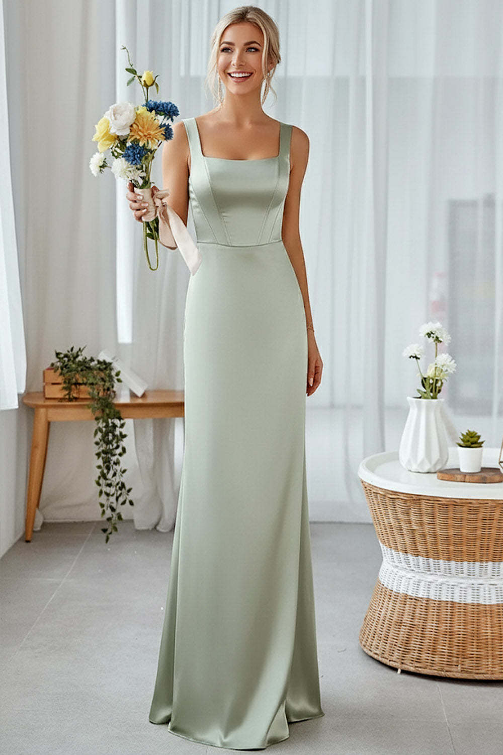 Dusty Sage Sheath Thick Straps Long Bridesmaid Dress