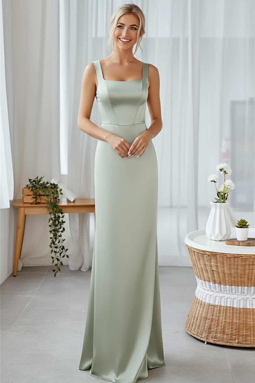 Dusty Sage Sheath Thick Straps Long Bridesmaid Dress