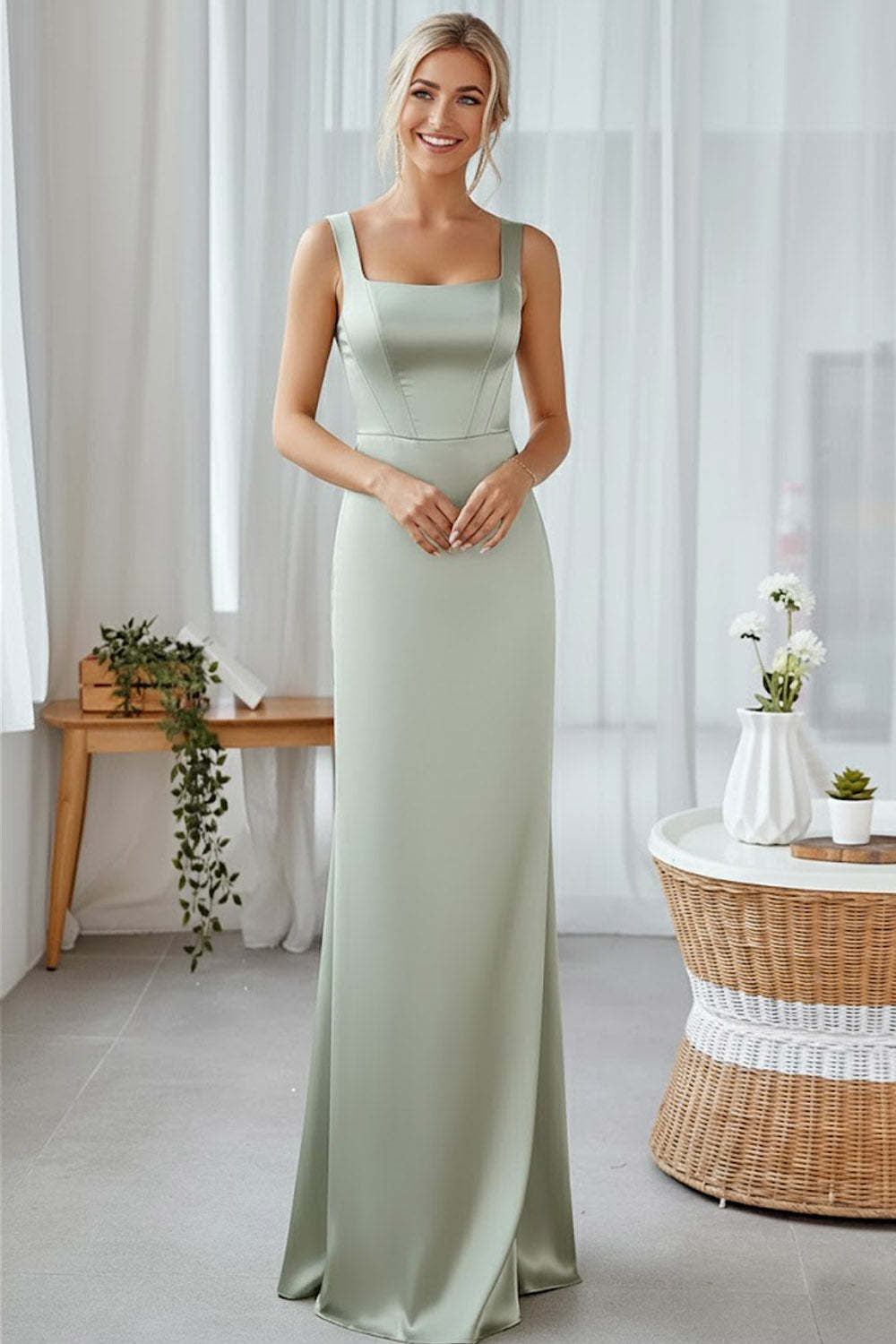 Dusty Sage Sheath Thick Straps Long Bridesmaid Dress