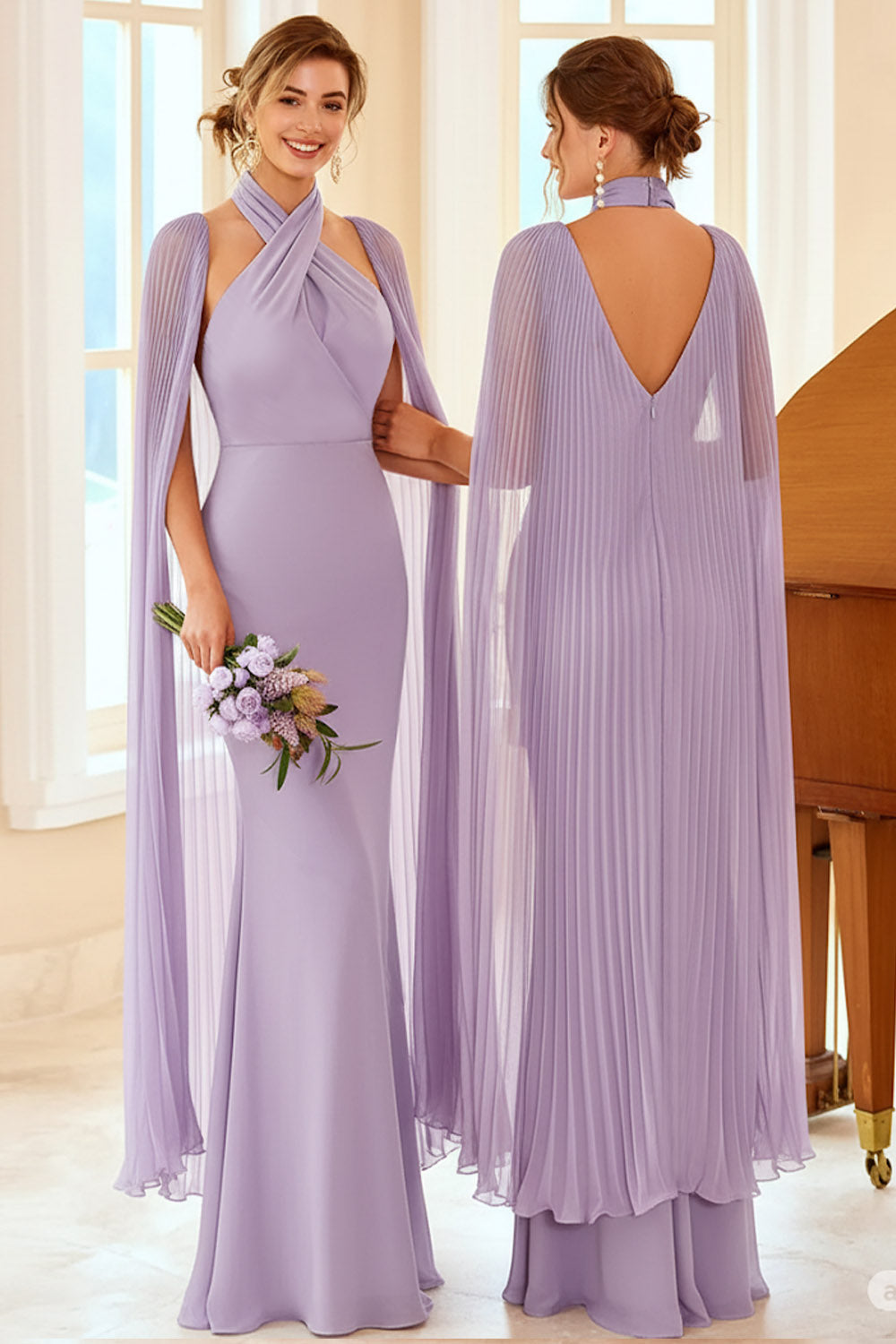 Lilac Cross Halter Mermaid Maxi Bridesmaid Dress with Cape