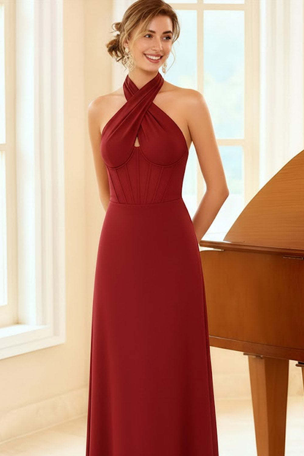 Burgundy Cross Halter Corset Chiffon Maxi Bridesmaid Dress