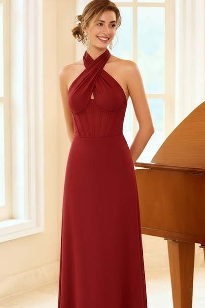 Burgundy Cross Halter Corset Chiffon Maxi Bridesmaid Dress