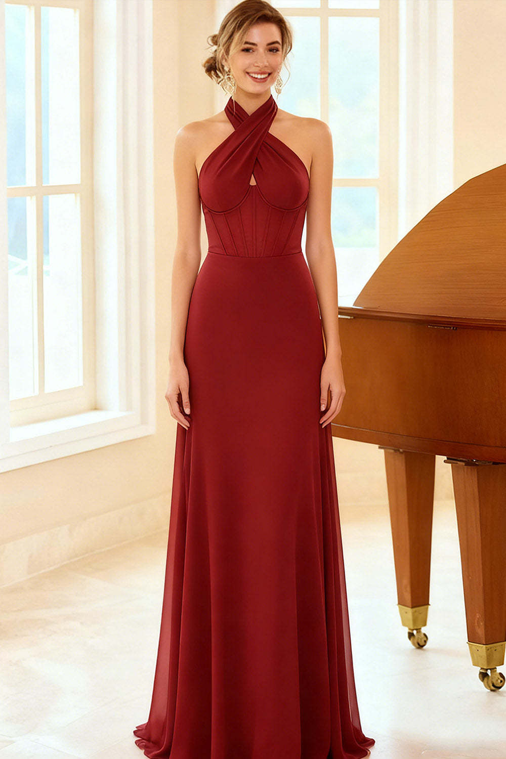 Burgundy Cross Halter Corset Chiffon Maxi Bridesmaid Dress