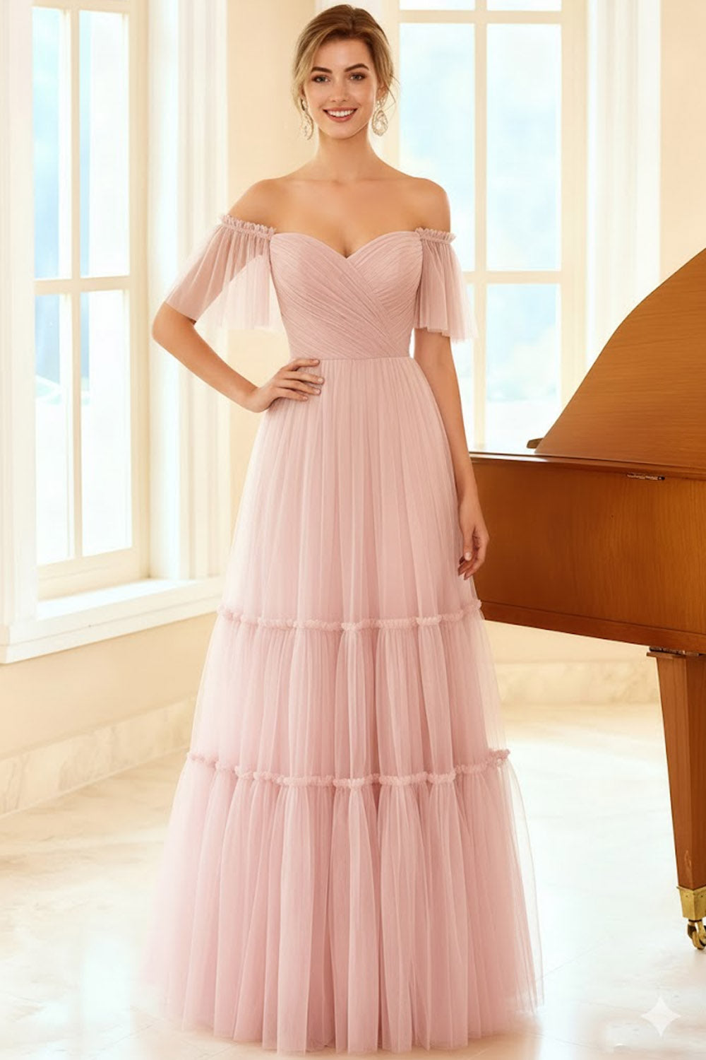 Pink A-Line Tulle Ruffled Backless Long Bridesmaid Dress