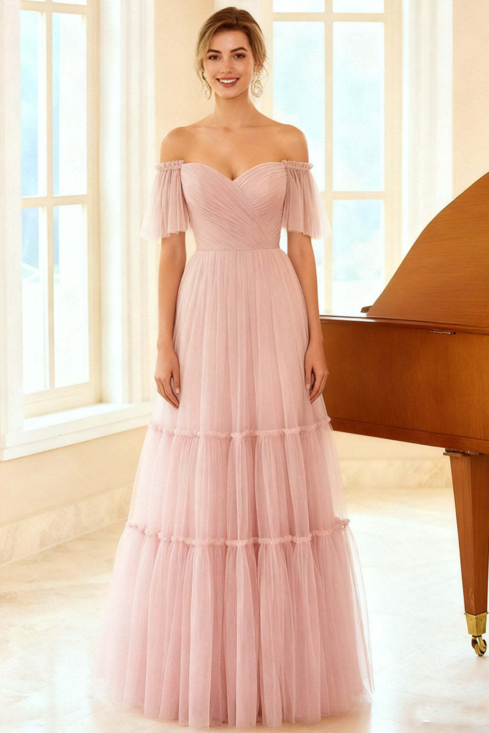 Pink A-Line Tulle Ruffled Backless Long Bridesmaid Dress