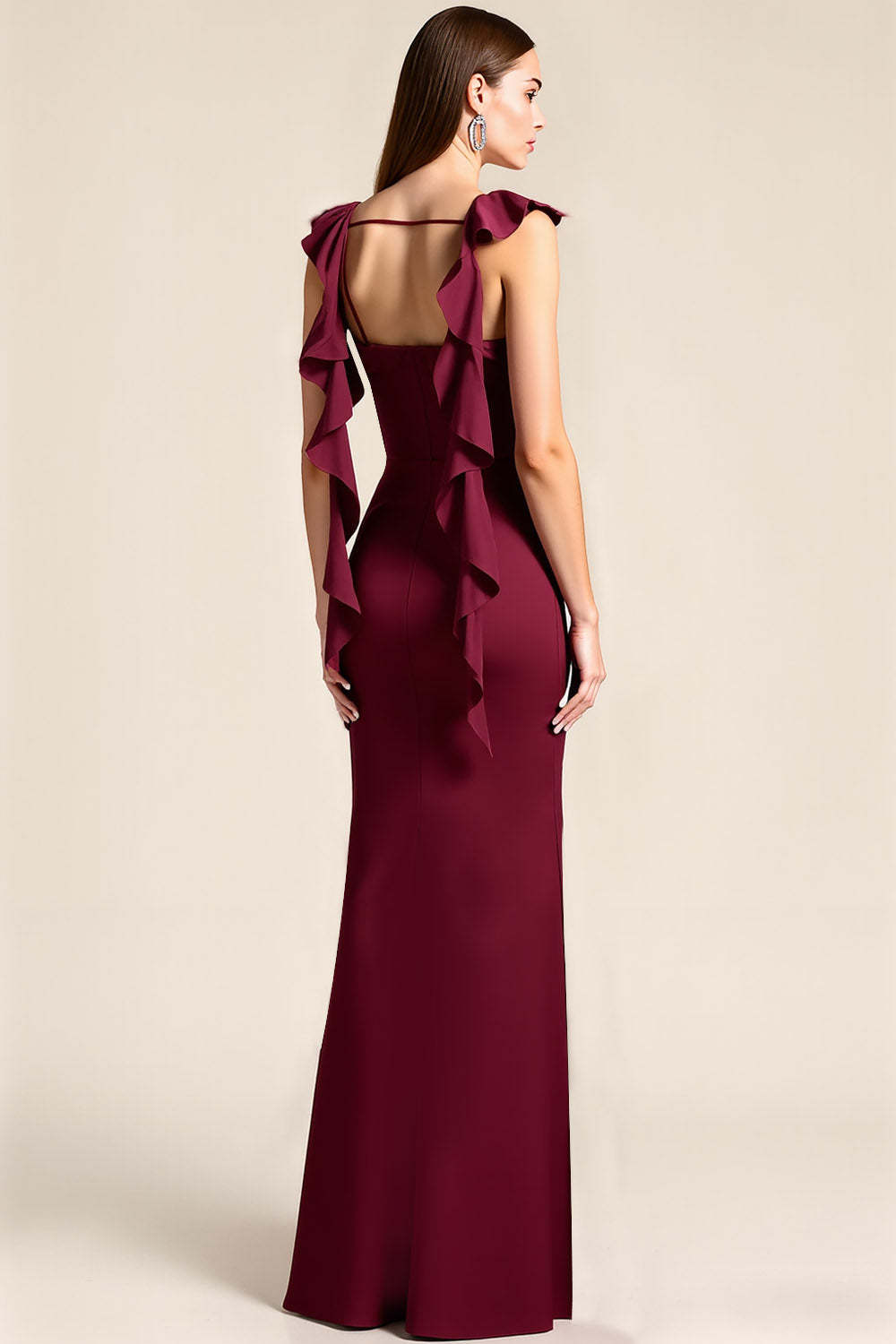 Maxi Burgundy Mermaid Satin Bridesmaid Dress with Ruffles