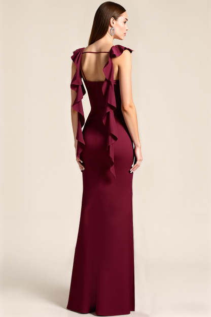Maxi Burgundy Mermaid Satin Bridesmaid Dress with Ruffles
