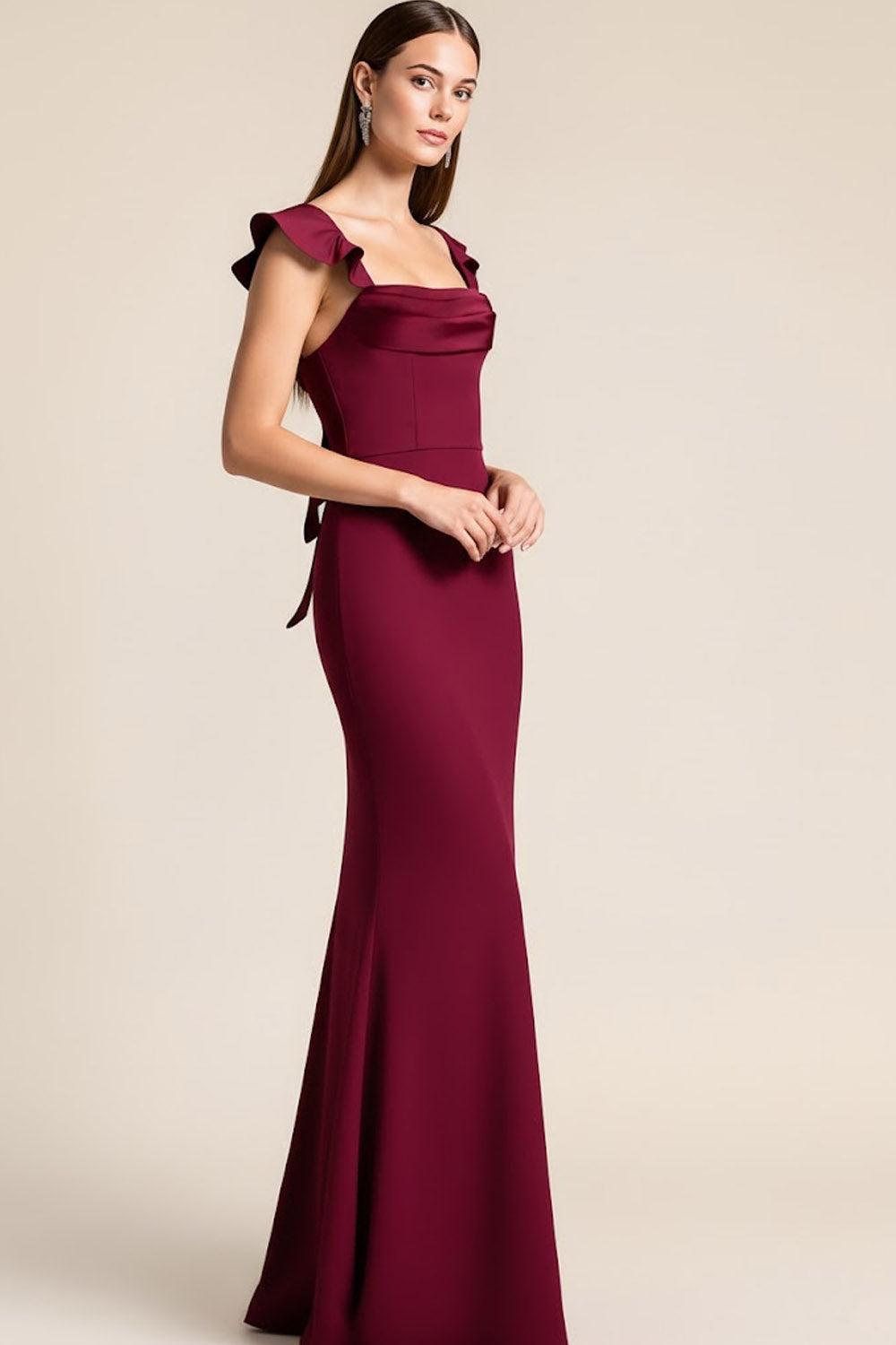 Maxi Burgundy Mermaid Satin Bridesmaid Dress with Ruffles