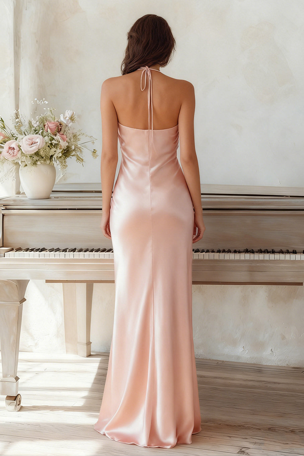 Light Pink Mermaid Backless Halter Neck Long Bridesmaid Dress