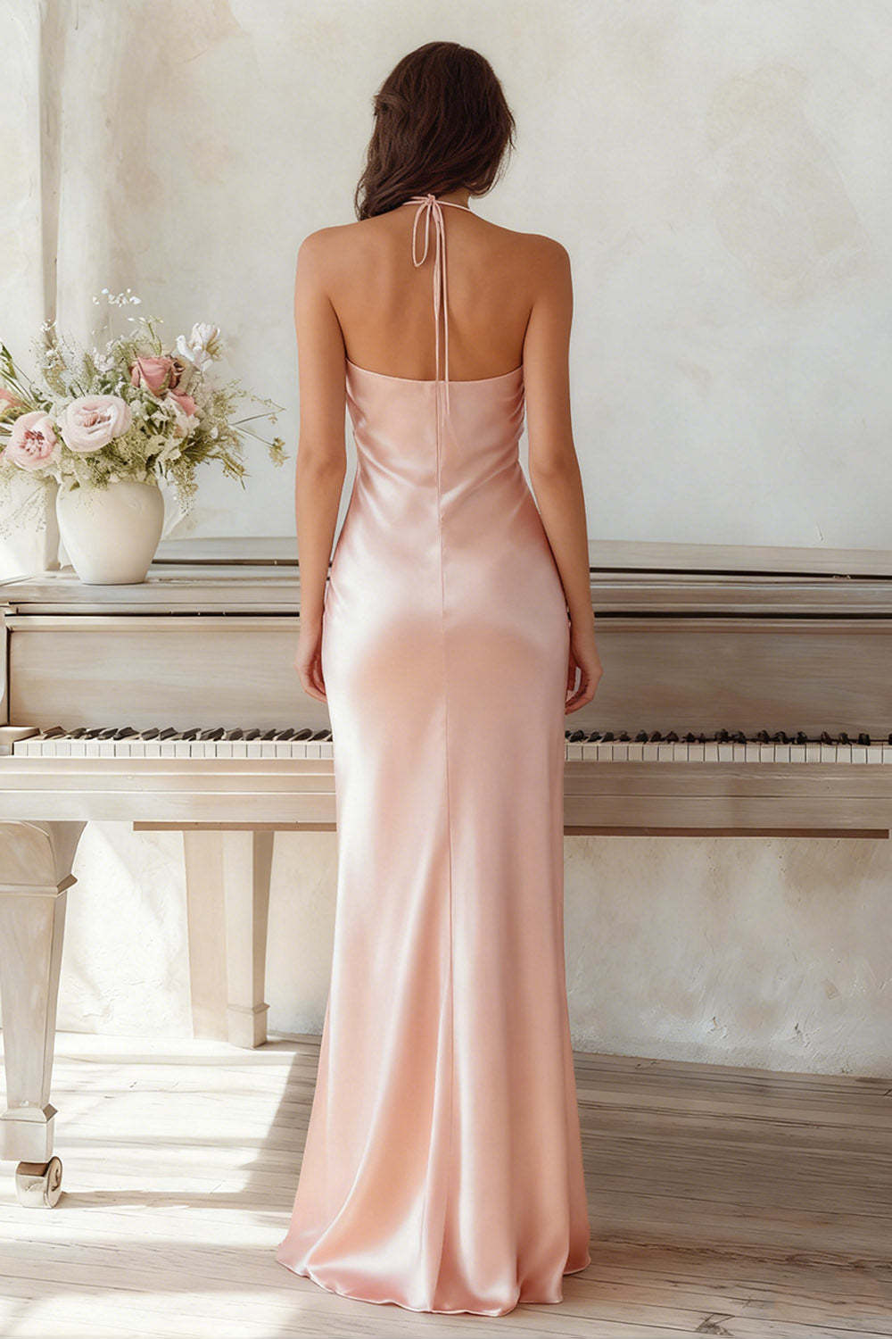 Light Pink Mermaid Backless Halter Neck Long Bridesmaid Dress