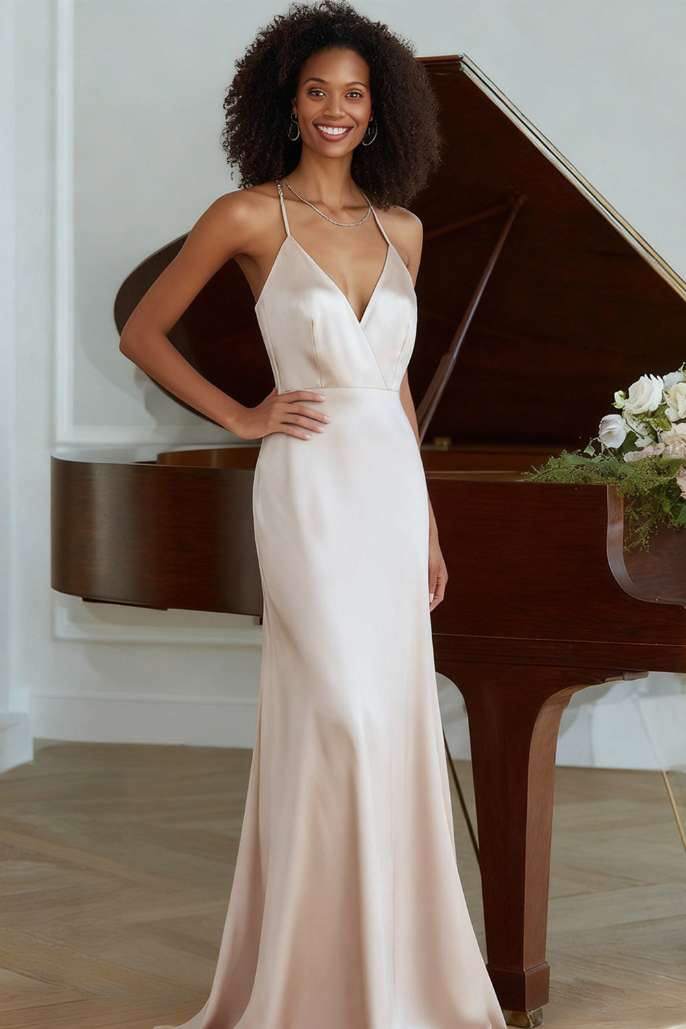 Leely Women Light Pink Mermaid Satin Long Bridesmaid Dress Spaghetti Straps Backless Wedding guest Dress