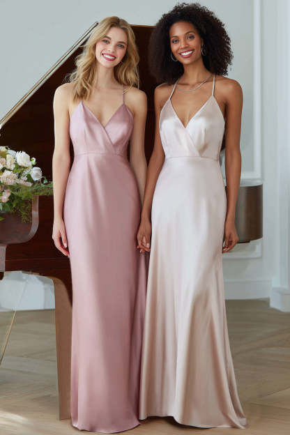Light Pink Mermaid Spaghetti Straps Satin Long Bridesmaid Dress