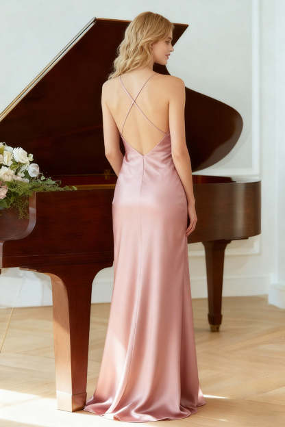 Light Pink Mermaid Spaghetti Straps Satin Long Bridesmaid Dress