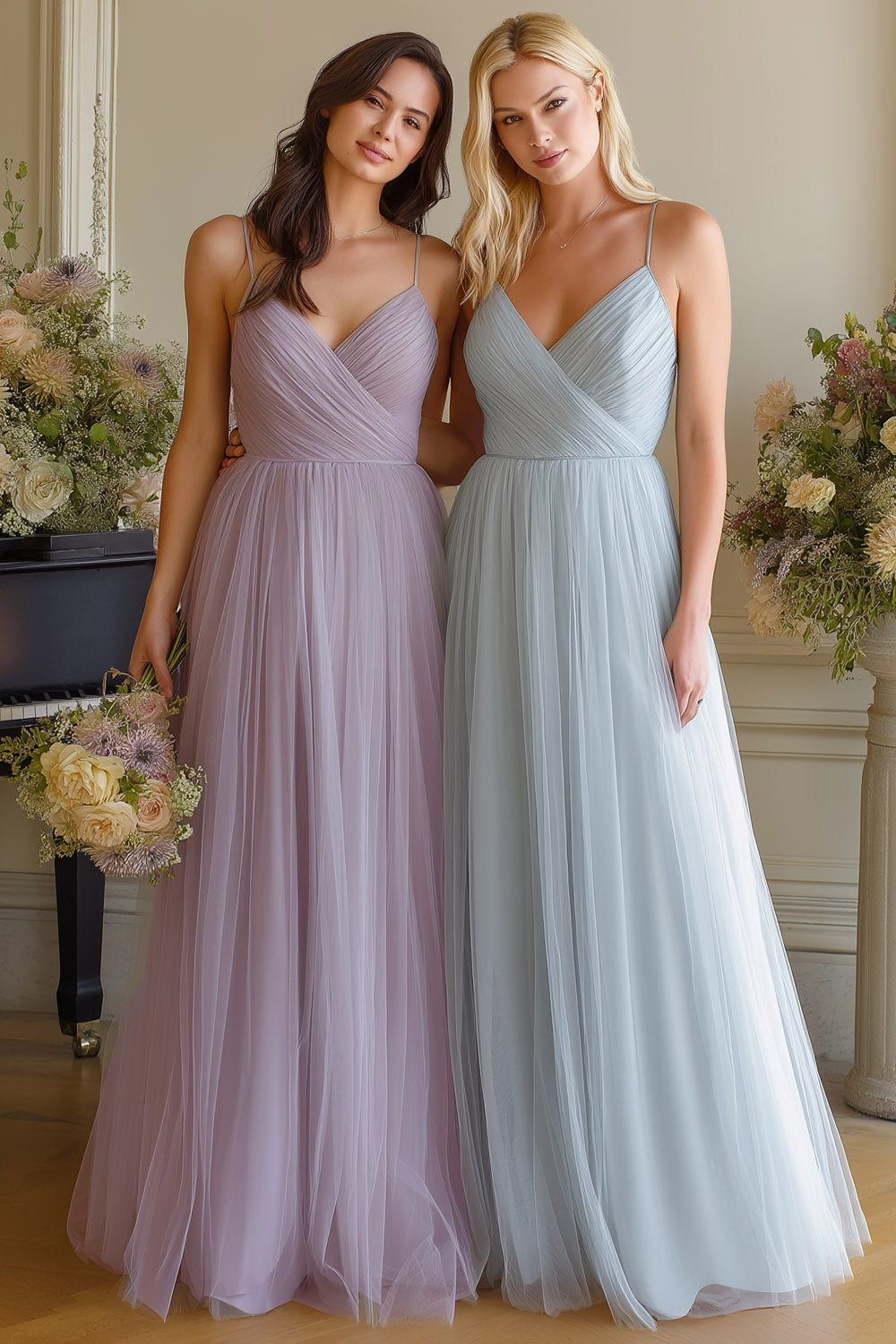 Light Blue A-Line Spaghetti Straps Tulle Long Bridesmaid Dress