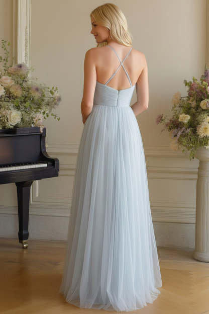 Light Blue A-Line Spaghetti Straps Tulle Long Bridesmaid Dress