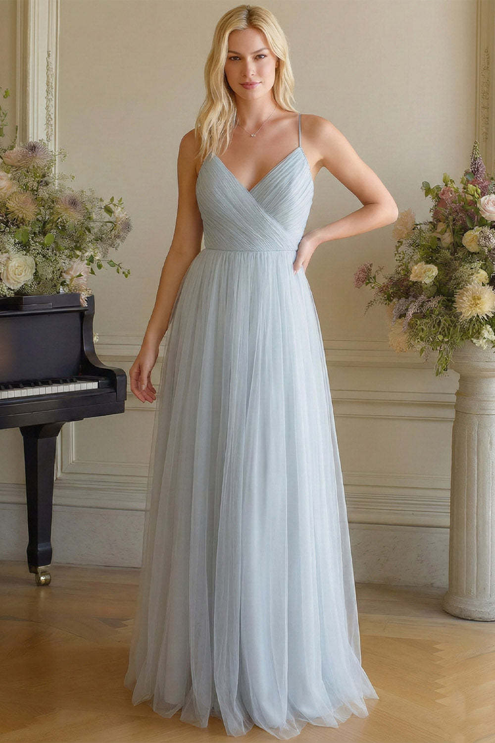 Light Blue A-Line Spaghetti Straps Tulle Long Bridesmaid Dress