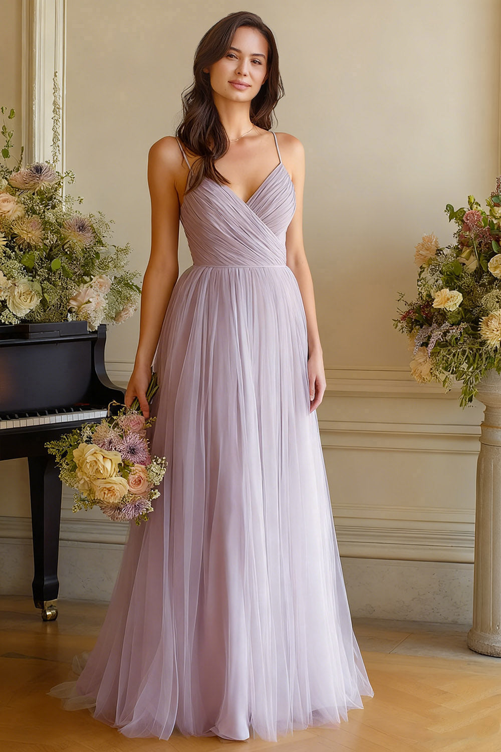 Light Blue A-Line Spaghetti Straps Tulle Long Bridesmaid Dress