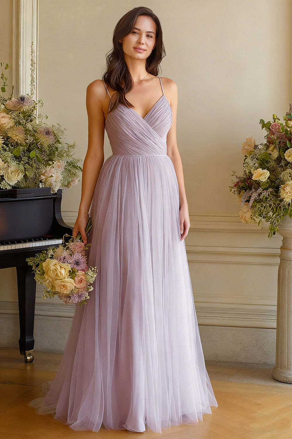 Light Blue A-Line Spaghetti Straps Tulle Long Bridesmaid Dress