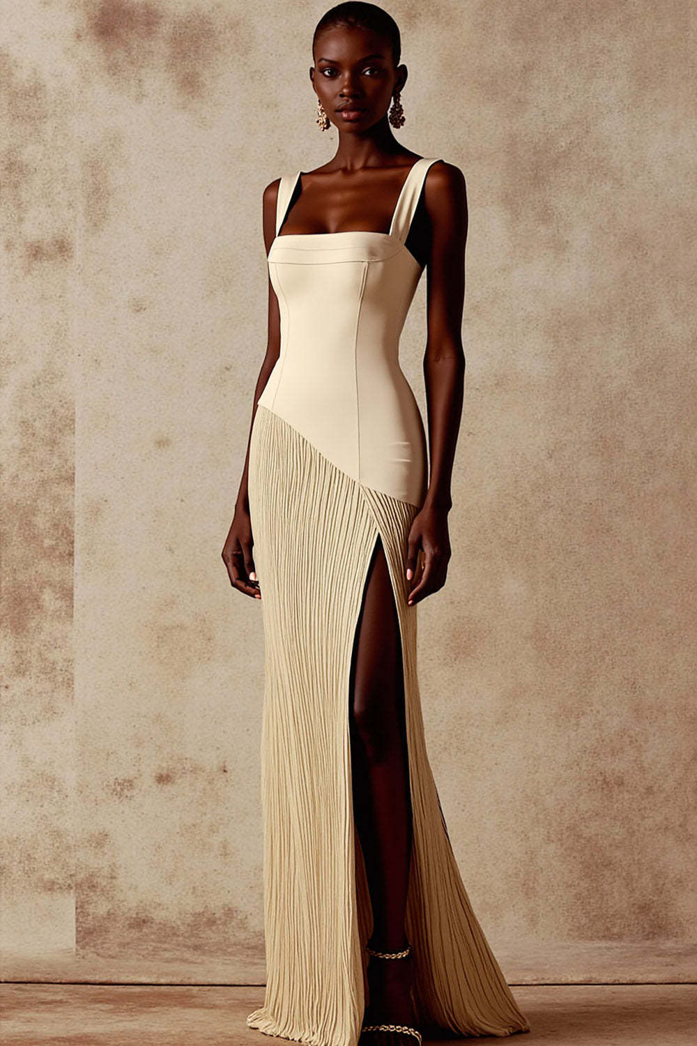 Leely Women Champagne Mermaid Pleated Long Bridesmaid Dress Thick Straps Backless Wedding Guest Dress