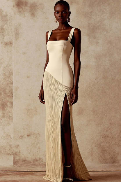 Leely Women Champagne Mermaid Pleated Long Bridesmaid Dress Thick Straps Backless Wedding Guest Dress