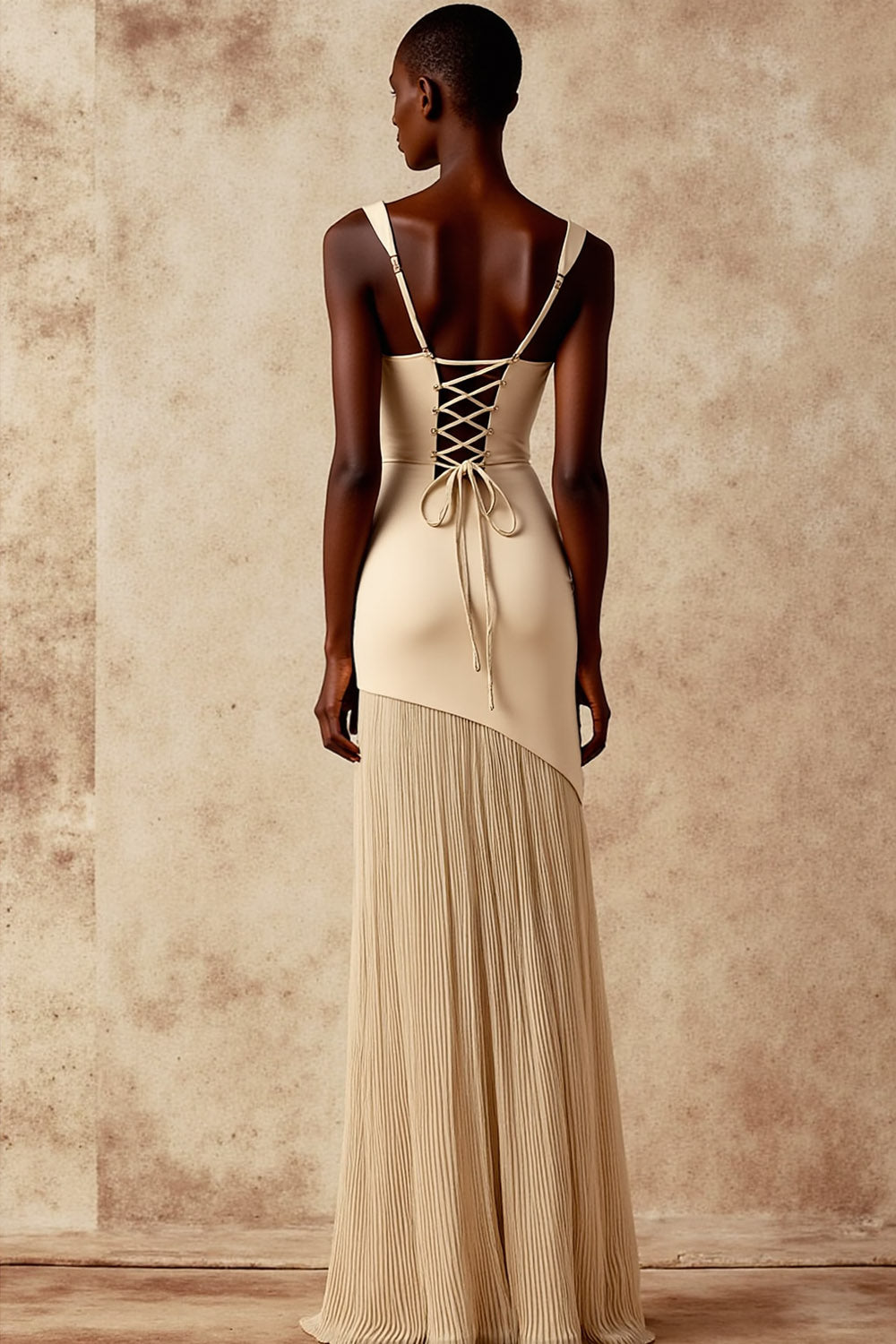 Champagne Mermaid Pleated Long Bridesmaid Dress with Slit