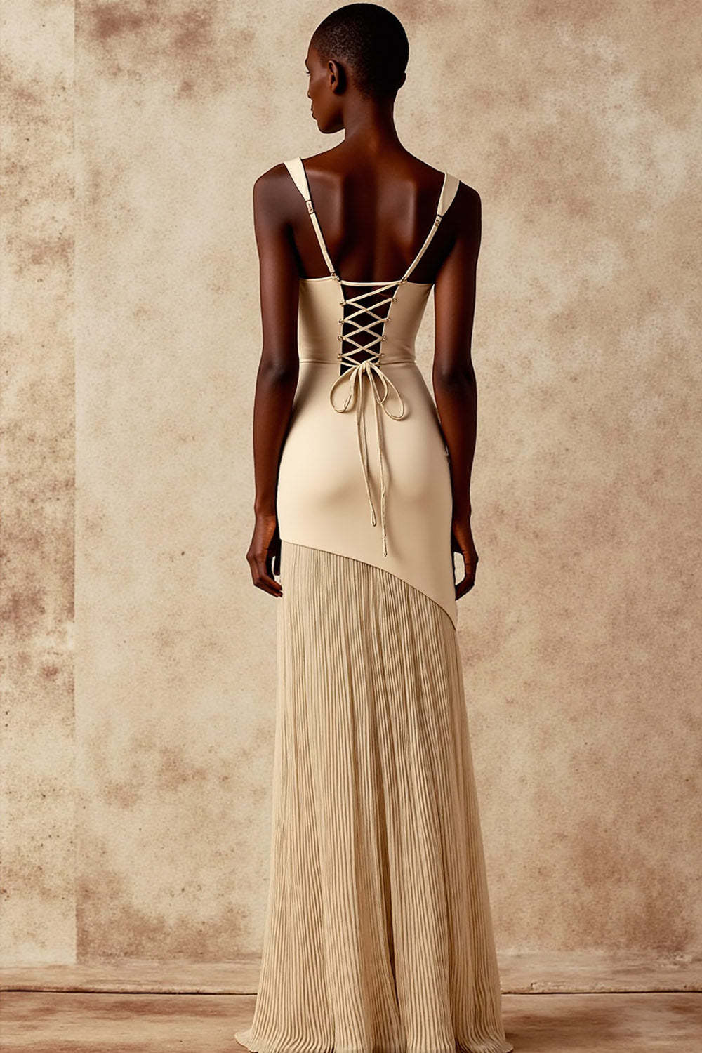 Champagne Mermaid Pleated Long Bridesmaid Dress with Slit