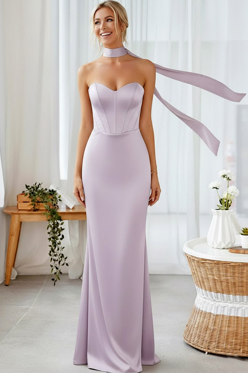 Lilac Mermaid Backless Sweetheart Long Corset Bridesmaid Dress