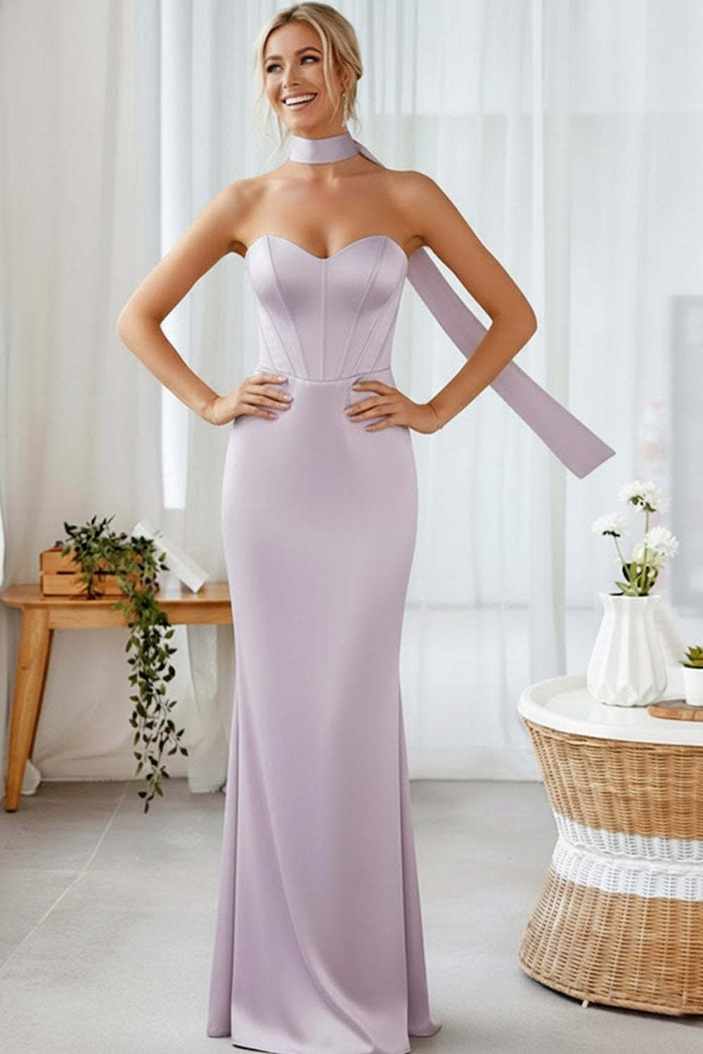 Lilac Mermaid Backless Sweetheart Long Corset Bridesmaid Dress