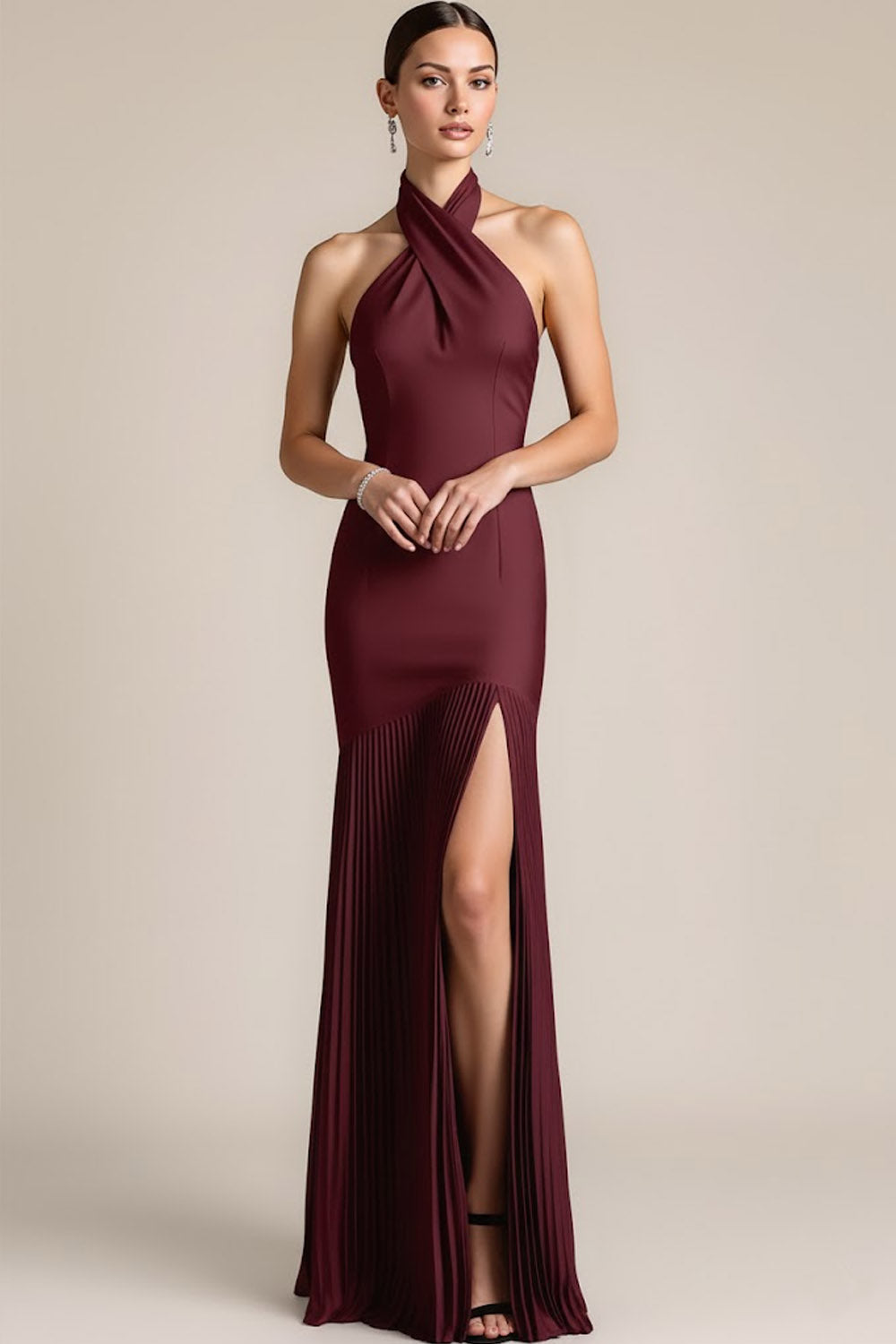 Burgundy Mermaid Backless Pleated Long Bridesmaid Dress with Slit