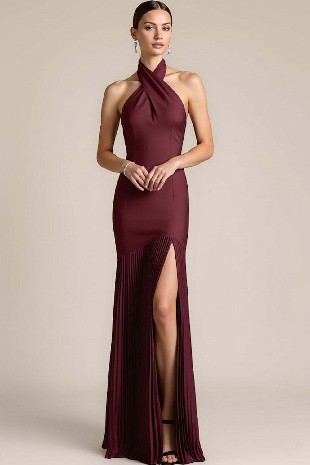 Leely Women Burgundy Mermaid Pleated Long Bridesmaid Dress with Slit Backless Criss Cross Neck Wedding Guest Dress