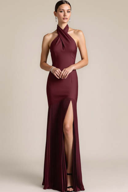 Leely Women Burgundy Mermaid Pleated Long Bridesmaid Dress with Slit Backless Criss Cross Neck Wedding Guest Dress