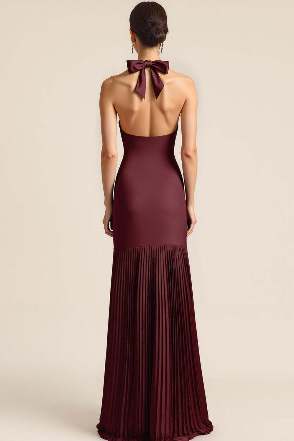 Burgundy Mermaid Backless Pleated Long Bridesmaid Dress with Slit