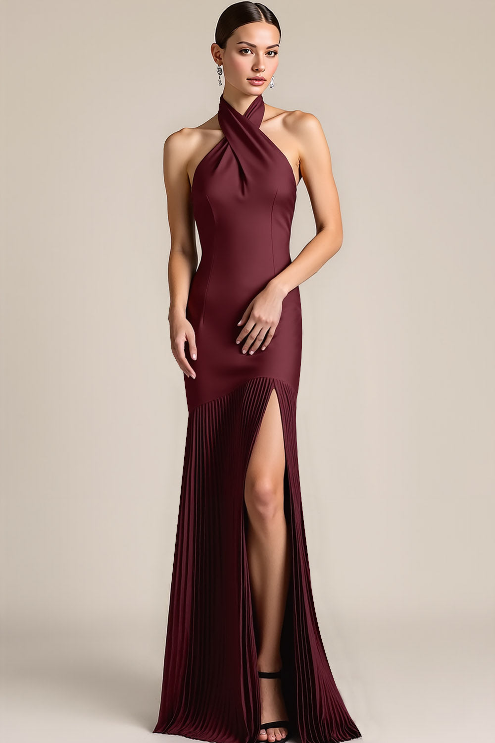 Burgundy Mermaid Backless Pleated Long Bridesmaid Dress with Slit