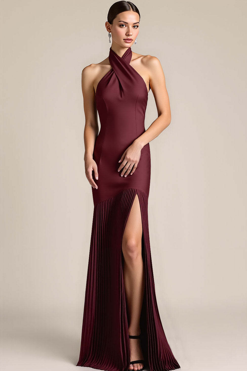 Burgundy Mermaid Backless Pleated Long Bridesmaid Dress with Slit