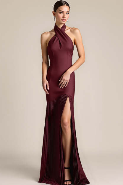 Burgundy Mermaid Backless Pleated Long Bridesmaid Dress with Slit