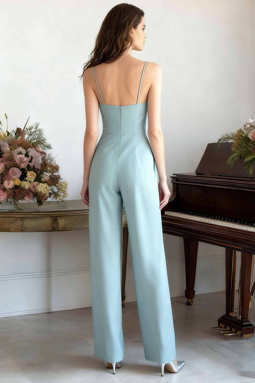 Light Blue Spaghetti Straps Formal Jumpsuit
