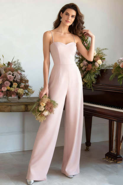 Leely Women Light Blue Satin Formal Jumpsuit Spaghetti Straps Sleeveless Wedding Guest Pantsuit