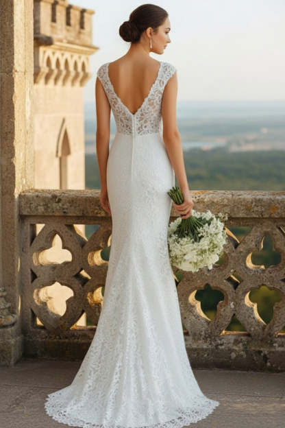 White Mermaid Lace V-Neck Long Wedding Dress