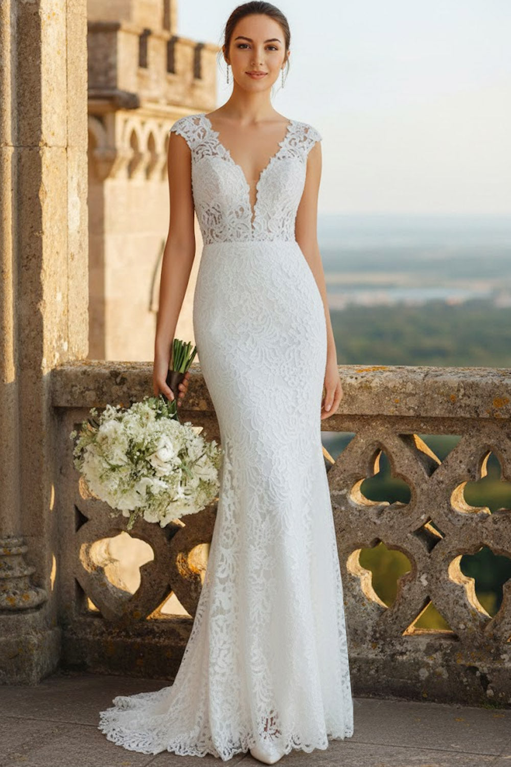 White Mermaid Lace V-Neck Long Wedding Dress