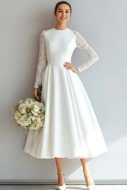 Leely Women White Round Neck Midi Civil Wedding Dress with Lace A Line Wedding Reception Dress with Sleeves