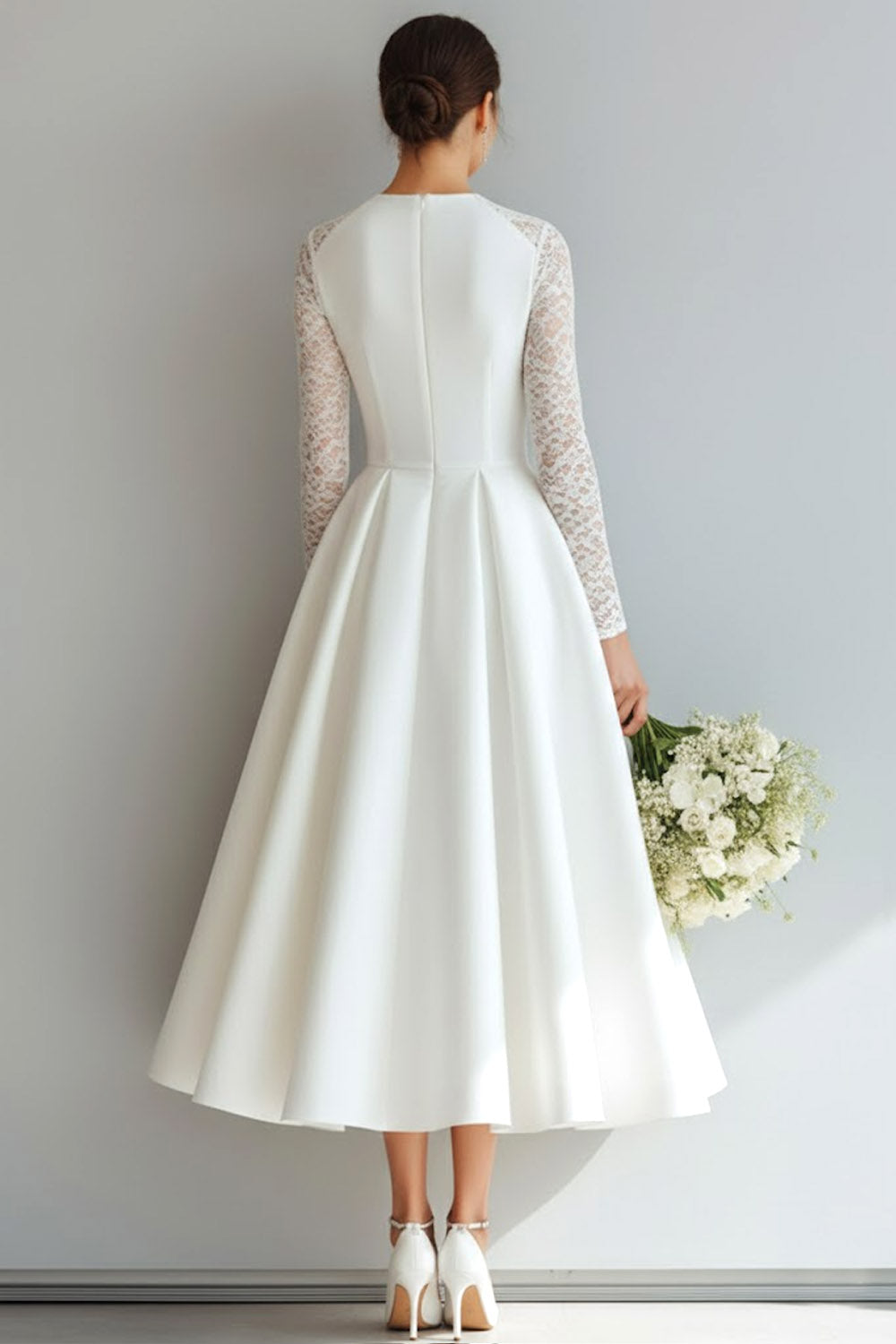 White A Line Round Neck Midi Wedding Dress with Lace