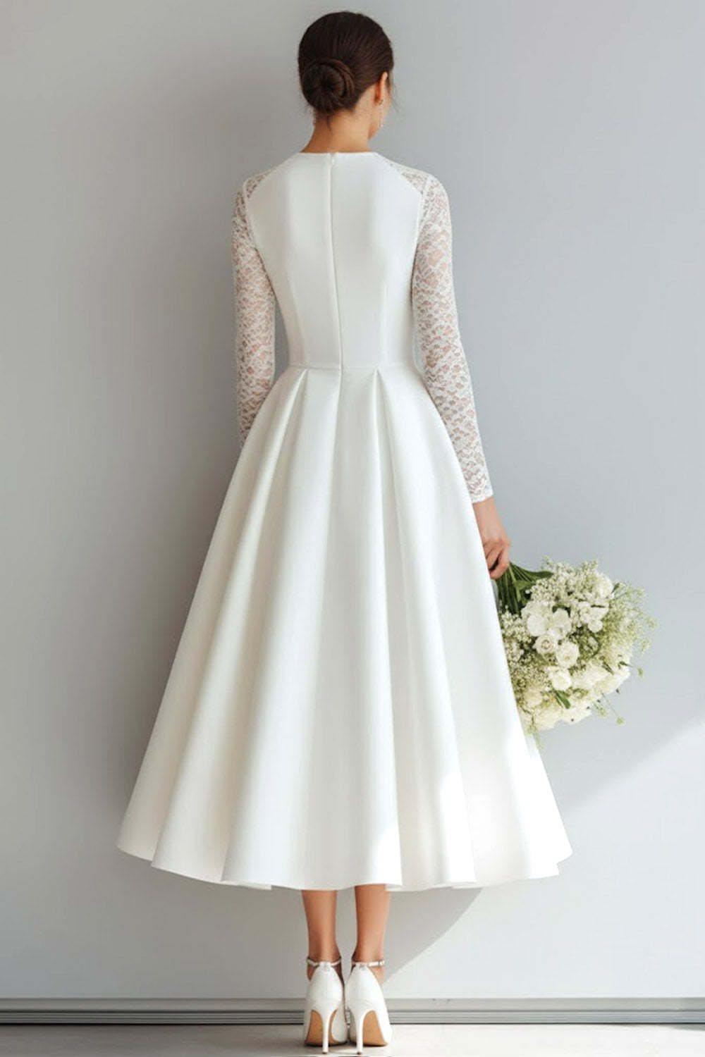 White A Line Round Neck Midi Wedding Dress with Lace