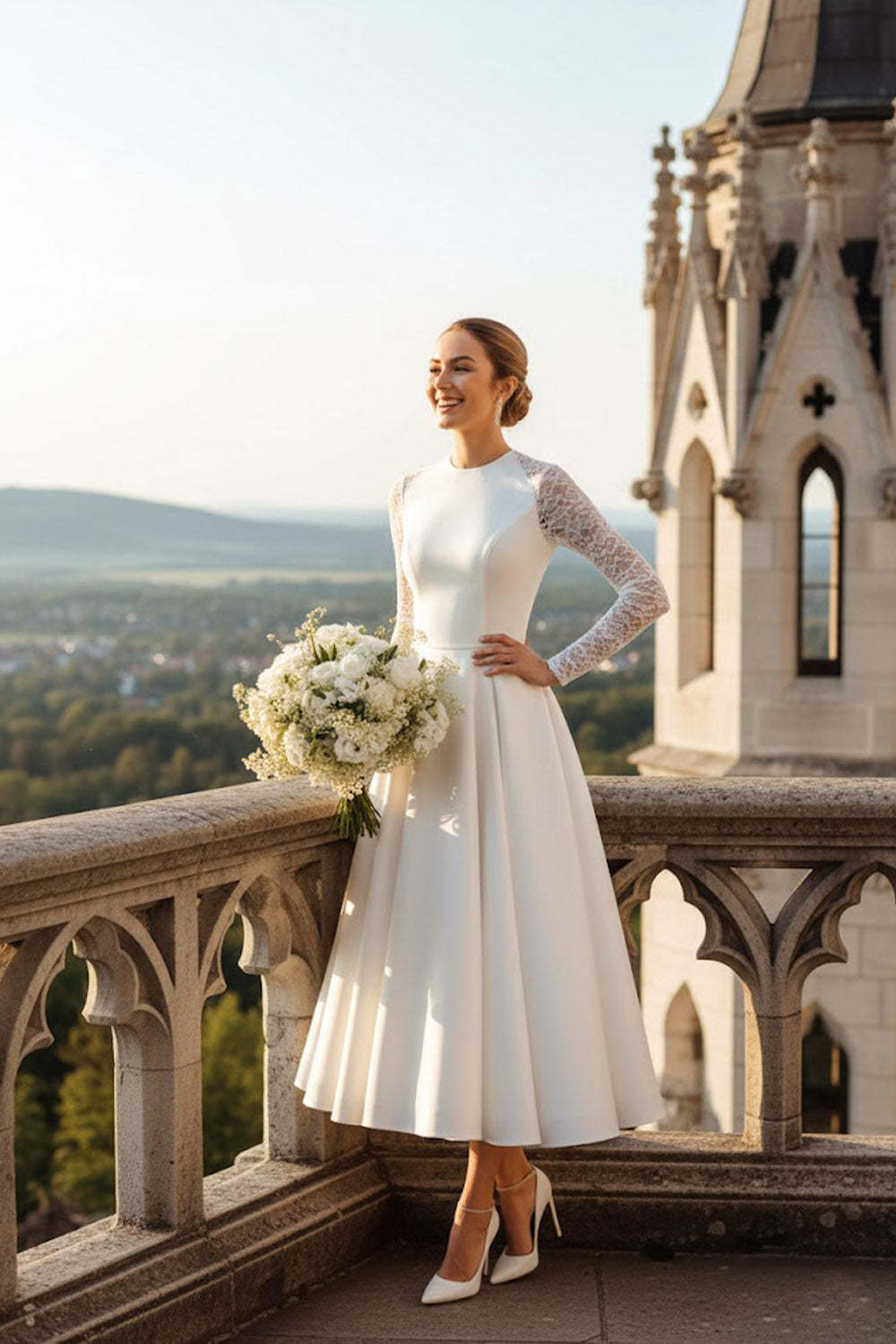 White A Line Round Neck Midi Wedding Dress with Lace