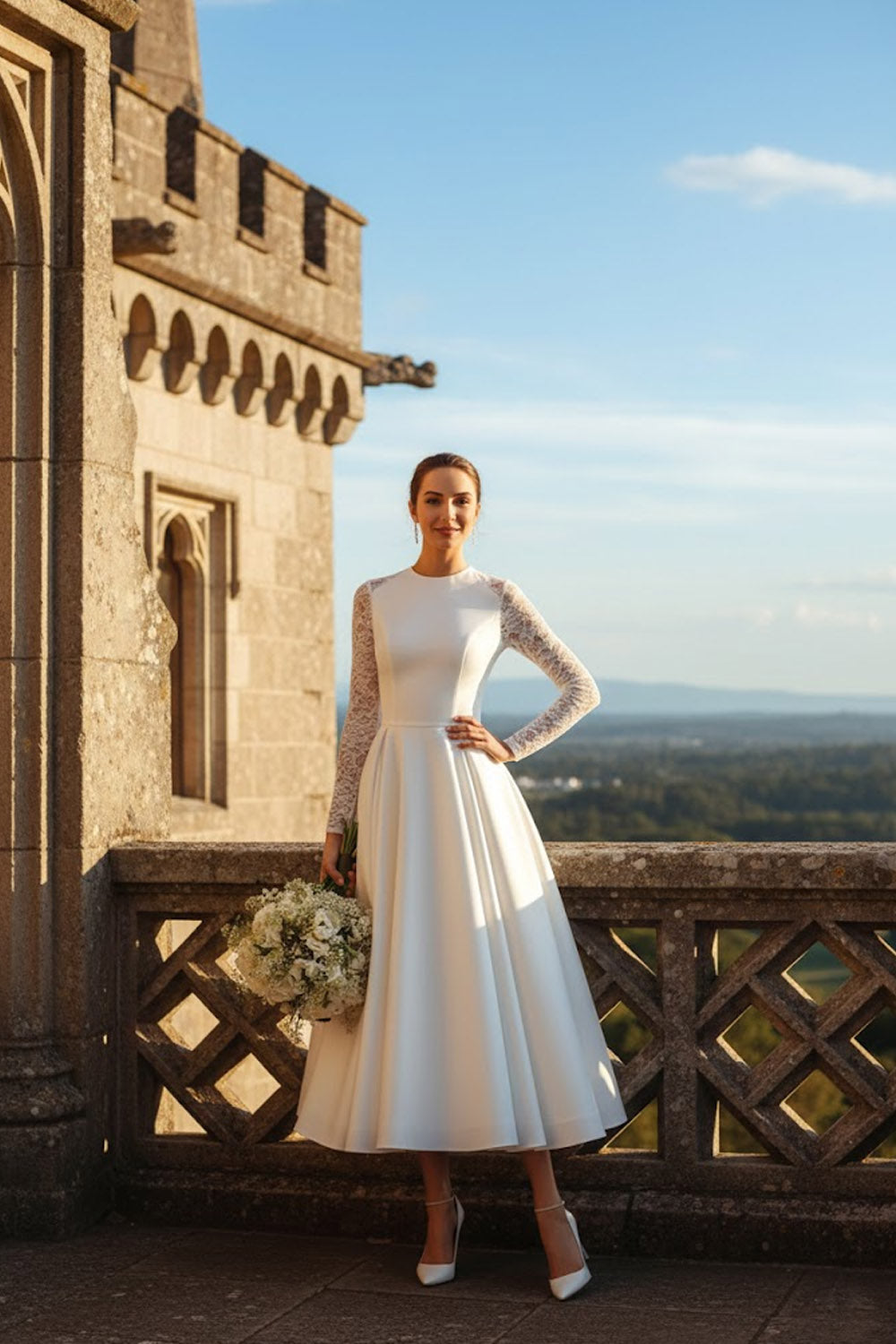White A Line Round Neck Midi Wedding Dress with Lace