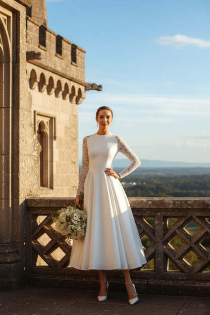White A Line Round Neck Midi Wedding Dress with Lace