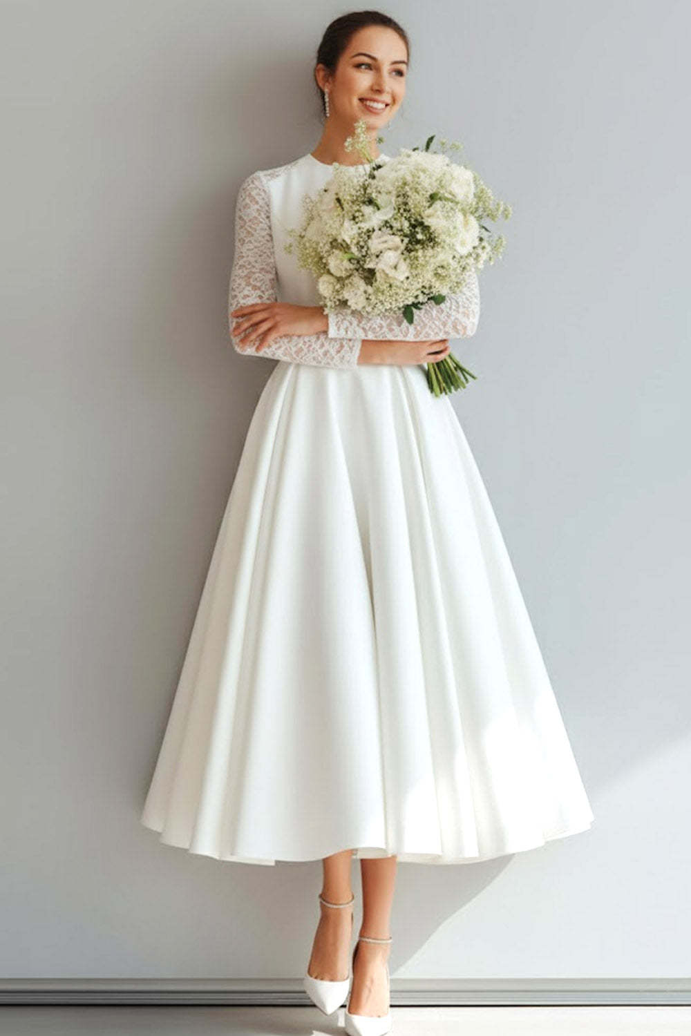 White A Line Round Neck Midi Wedding Dress with Lace