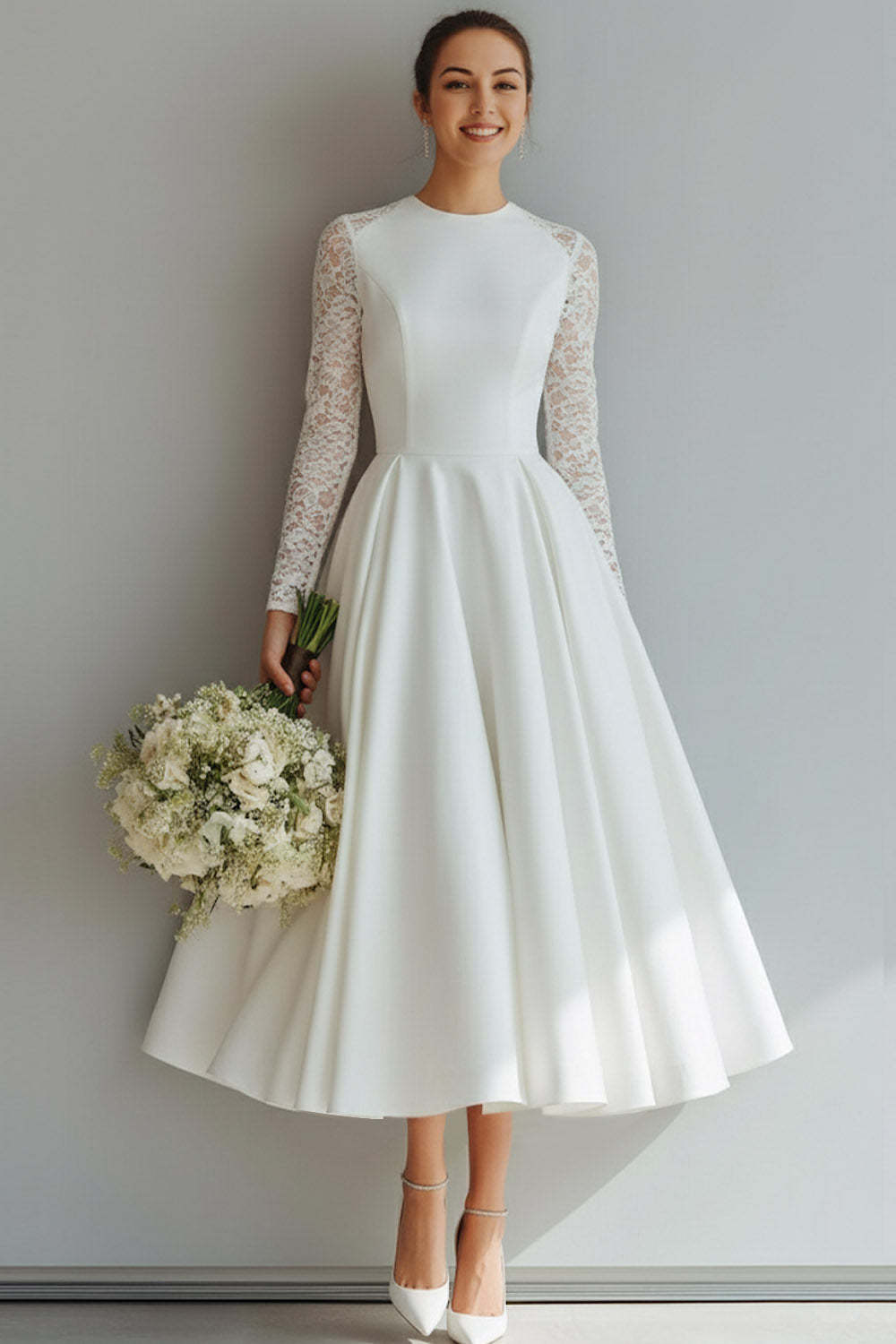 White A Line Round Neck Midi Wedding Dress with Lace