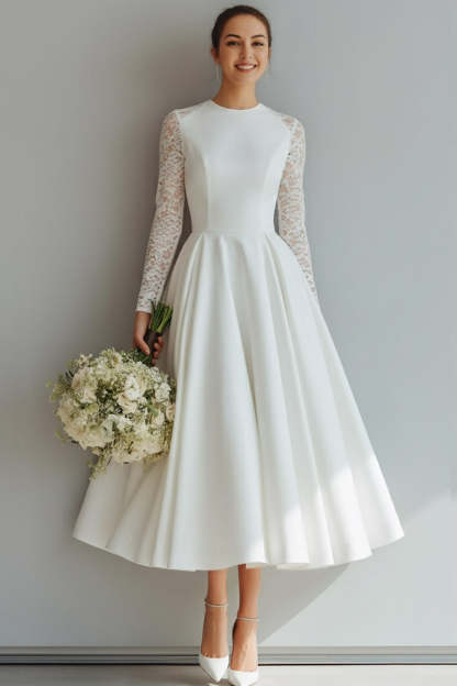 White A Line Round Neck Midi Wedding Dress with Lace
