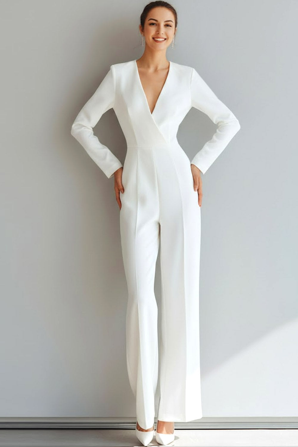 White V-Neck Long Sleeveless Formal Jumpsuits