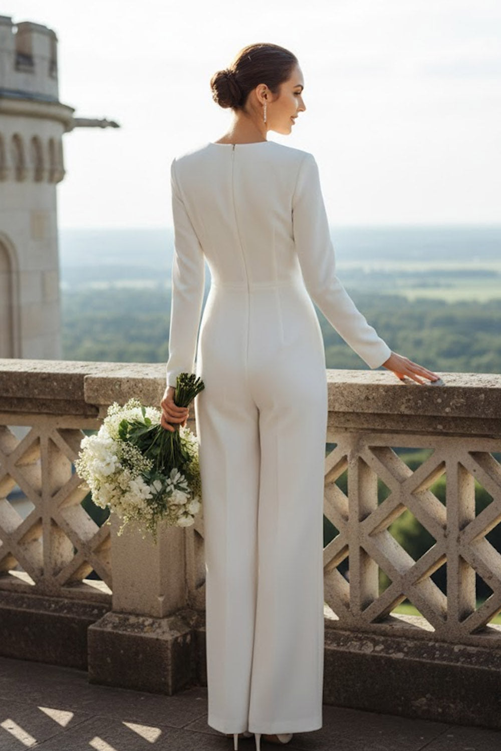 White V-Neck Long Sleeveless Formal Jumpsuits